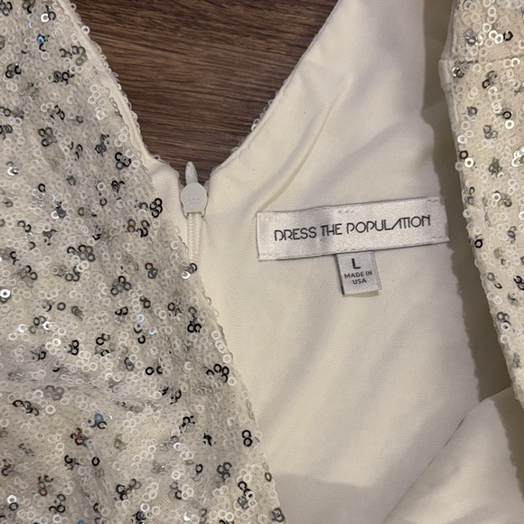 Dress the Population White Sequin skater dress A-line Vneck sleeveless bridal L - Picture 11 of 13